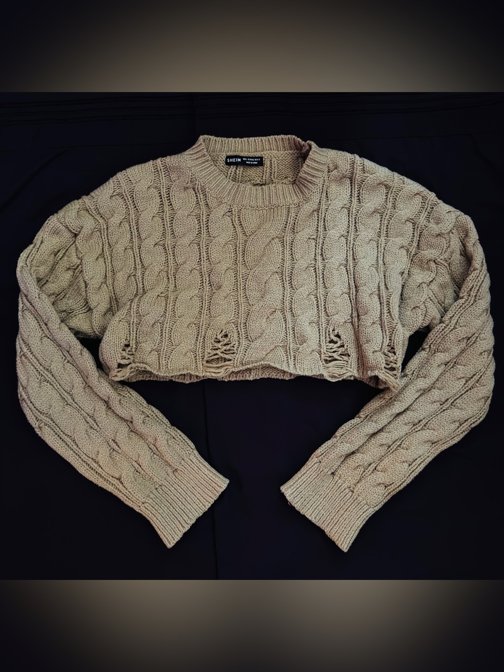 SHEIN Taupe Cropped Cable Knit Distressed Cropped Sweater